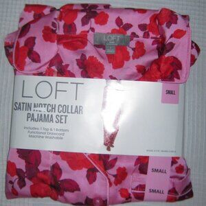 Satin Notch Collar Pajama Set LOFT Sleep Drawcord Bottom Button Front Pocket  S